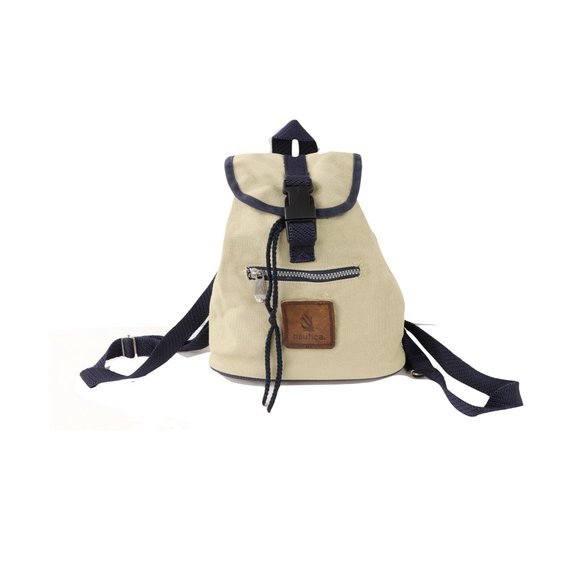 Vintage 90s Nautica Spell Out Box Logo Patch Mini Backpack Book Bag Tan Khaki